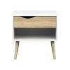 Mid-Century Modern Nightstand End Table with Drawer & Shelf, White & Oak Scandinavian Bedside Table with Solid Wood Legs