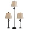 3-Piece Modern Floor Lamp and Table Lamp Set – Black Finish with Light Gold Drum Shades