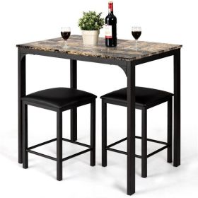 Modern 3-Piece Dining Set – Brown Faux Marble Table with 2 PU Leather Stools, Space-Saving Kitchen Table Set for Small Spaces