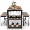 Modern Industrial 3-Piece Dining Set – Metal Wood Table with 2 Benches, Wine Rack & Storage Shelf for 4 People