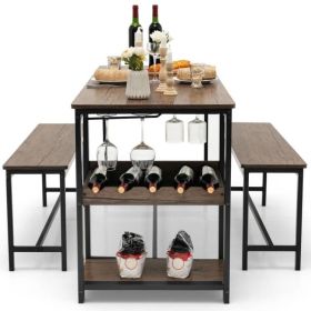 Modern Industrial 3-Piece Dining Set – Metal Wood Table with 2 Benches, Wine Rack & Storage Shelf for 4 People