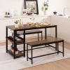 Modern Industrial 3-Piece Dining Set – Metal Wood Table with 2 Benches, Wine Rack & Storage Shelf for 4 People