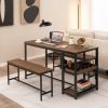 Modern Industrial 3-Piece Dining Set – Metal Wood Table with 2 Benches, Wine Rack & Storage Shelf for 4 People