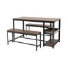 Modern Industrial 3-Piece Dining Set – Metal Wood Table with 2 Benches, Wine Rack & Storage Shelf for 4 People
