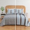 Twin Coastal Nautical Quilt Set, Reversible Blue & Grey Striped Bedspread with Starfish & Sea Life Design, Lightweight 2-Piece Bedding Set