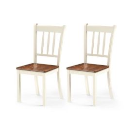 Set of 2 White Mission Style Solid Wood Dining Chairs – Armless Rubberwood Kitchen Chairs with Brown Seat & Ergonomic Backrest