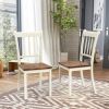 Set of 2 White Mission Style Solid Wood Dining Chairs – Armless Rubberwood Kitchen Chairs with Brown Seat & Ergonomic Backrest
