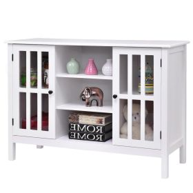 White Wood Sofa Table Console Cabinet with Glass Doors – Modern MDF Storage Console Table with Shelves for Living Room & Entryway