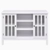 White Wood Sofa Table Console Cabinet with Glass Doors – Modern MDF Storage Console Table with Shelves for Living Room & Entryway