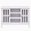43-Inch White TV Stand with Glass Doors – Modern MDF Entertainment Center with Open Shelves & Cabinet Storage for Living Room