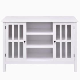 43-Inch White TV Stand with Glass Doors – Modern MDF Entertainment Center with Open Shelves & Cabinet Storage for Living Room