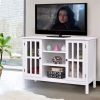 43-Inch White TV Stand with Glass Doors – Modern MDF Entertainment Center with Open Shelves & Cabinet Storage for Living Room