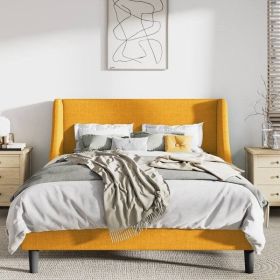 King Upholstered Linen Wingback Platform Bed – Yellow Modern Headboard Bed Frame with Slat Support (No Box Spring Needed)