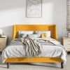 Queen Upholstered Linen Wingback Platform Bed with Headboard – Yellow Modern Bed Frame with Slat Support (No Box Spring Needed)