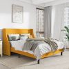 Queen Upholstered Linen Wingback Platform Bed with Headboard – Yellow Modern Bed Frame with Slat Support (No Box Spring Needed)