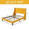 Queen Upholstered Linen Wingback Platform Bed with Headboard – Yellow Modern Bed Frame with Slat Support (No Box Spring Needed)