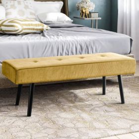 Modern Yellow Corduroy Upholstered End of Bed Bench with Black Metal Legs – Button Tufted Entryway & Bedroom Seating Bench