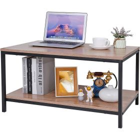Modern 2-Tier Coffee Table with Storage Shelf – Natural Wood Finish Metal Frame Coffee Table for Living Room, Small Space Sofa Table with Open Shelf