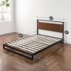 Queen Size Metal Wood Platform Bed Frame with Headboard – Cherry Finish Pine Wood, Steel Slat Support, No Box Spring Needed