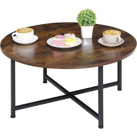 Modern Round Industrial Coffee Table – Rustic Brown MDF Top with Metal Frame, 31.5" Living Room Accent Table