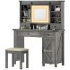 Modern Makeup Vanity Desk with LED Lighted Mirror – Tri-Color Lighting, Storage Drawers, Glass Top & Cushioned Stool Set