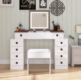 Vanity Desk with Dimmable LED Light with 10 Drawers, Makeup Table with Flip Up Mirror for Space-saving