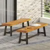 Set of 2 Modern Industrial Acacia Wood Dining Benches – Slat Panel Outdoor/Indoor Seating with Powder-Coated Frame