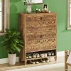 Slim Farmhouse Shoe Cabinet with Flip Drawers – Narrow Entryway Shoe Storage Organizer for Up to 20 Pairs, Rustic Wood Shoe Rack with Open Shelf