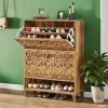 Slim Farmhouse Shoe Cabinet with Flip Drawers – Narrow Entryway Shoe Storage Organizer for Up to 20 Pairs, Rustic Wood Shoe Rack with Open Shelf