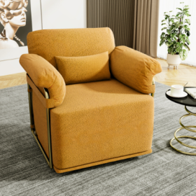 360 Degree Square Swivel Accent Sofa Chair,Fluffy Fabric Lounge Wide Upholstered Reading Chair With Gold Metal Legs, Comfortable Armchair For Liv (Color: Orange)