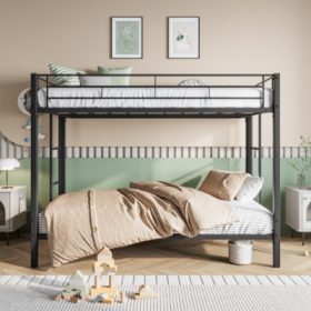 Metal Bunk Bed Twin Over Twin, Heavy Duty Twin Bunk Beds With Shelf And Slatted Support No Box Spring Needed Black (Color: Black)