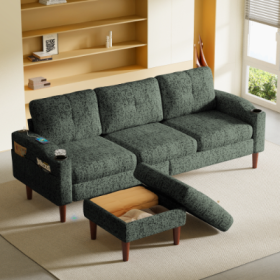 Convertible Combination Sofa Sofa L Shaped Sofa With Footstools With Storage,Orange Sofa For Living Room, Living Room Bedroom Office Small Space (Color: Green)