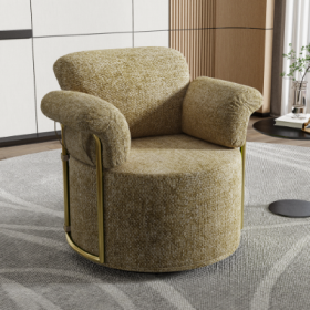 360 Degree Barrel Swivel Accent Sofa Chair,Fluffy Fabric Lounge Wide Upholstered Reading Chair With Gold Metal Legs, Comfortable Round Armchair F (Color: Brown)