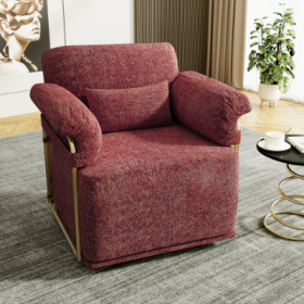 360 Degree Square Swivel Accent Sofa Chair,Fluffy Fabric Lounge Wide Upholstered Reading Chair With Gold Metal Legs, Comfortable Armchair For Liv (Color: Red)