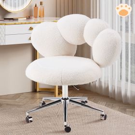 Armless Desk Chair Teddy Fabric Vanity Chair With Wheel (Color: White)