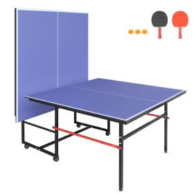 8ft Mid-Size Table Tennis Table Foldable & Portable Ping Pong Table Set For Indoor Games With Net, 2 Table Tennis Paddles And 3 Balls (Color: Blue)