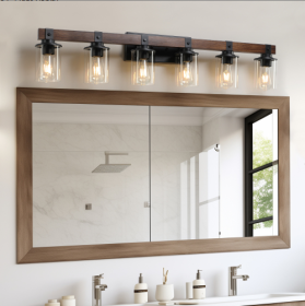 42 Rustic 6-Light Vanity Light, Industrial Bathroom Wall Sconce With Glass Shades And Wood Accent, Modern Farmhouse Lighting Fixture No Bulbs (Option: Walnut and black)