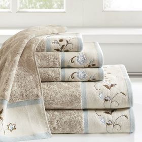 Embroidered Cotton Jacquard 6 Piece Towel Set (Color: as Pic)