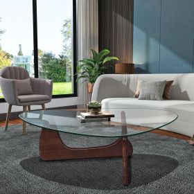 Living Room triangle 12mm tempered glass solid wood base coffee table (Color: Dark walnut2)