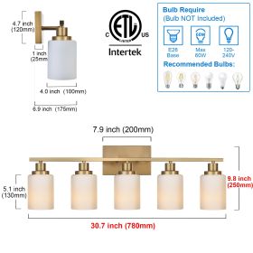 Bathroom Light Fixtures Brushed Brass 6-Light Bathroom Vanity Light, Modern Bathroom Lights Over Mirror with Milky White Glass Shade (Numbers of Light: 5-Light, Color: Brass)