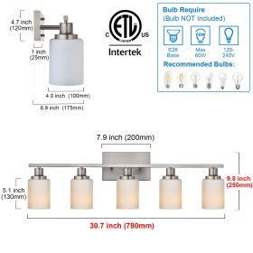 Bathroom Light Fixtures Brushed Brass 6-Light Bathroom Vanity Light, Modern Bathroom Lights Over Mirror with Milky White Glass Shade (Numbers of Light: 5-Light, Color: Brushed Nickel)