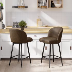 The bar stools feature an arched backrest and seat design, and are paired with black metal thin legs (Color: Dark Brown)